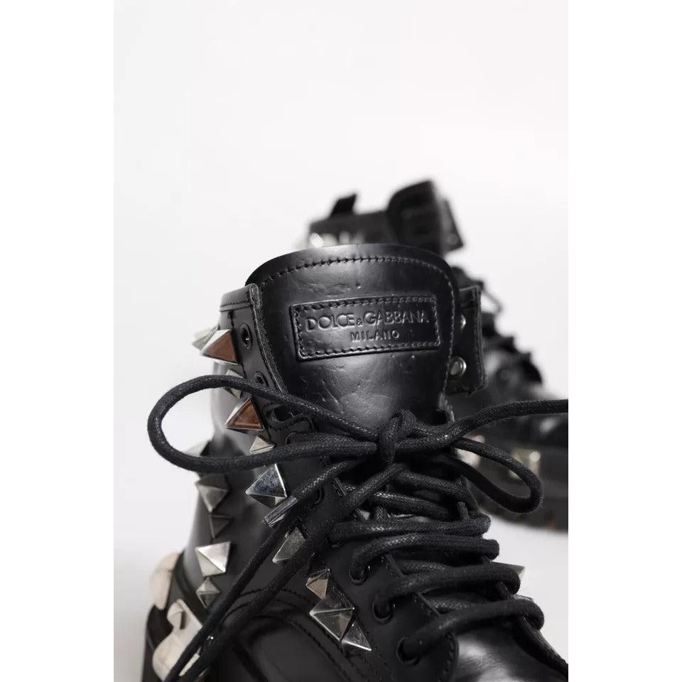 Dolce &amp; Gabbana Black Leather Studded Trekking Boots Shoes