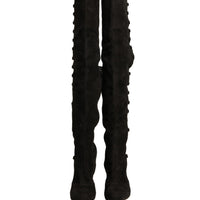 Dolce & Gabbana Black Suede Heels Knee High Boots Shoes