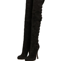 Dolce & Gabbana Black Suede Heels Knee High Boots Shoes