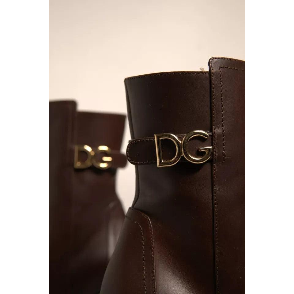 Dolce &amp; Gabbana Brown Leather Heels Mid Calf Boots Shoes