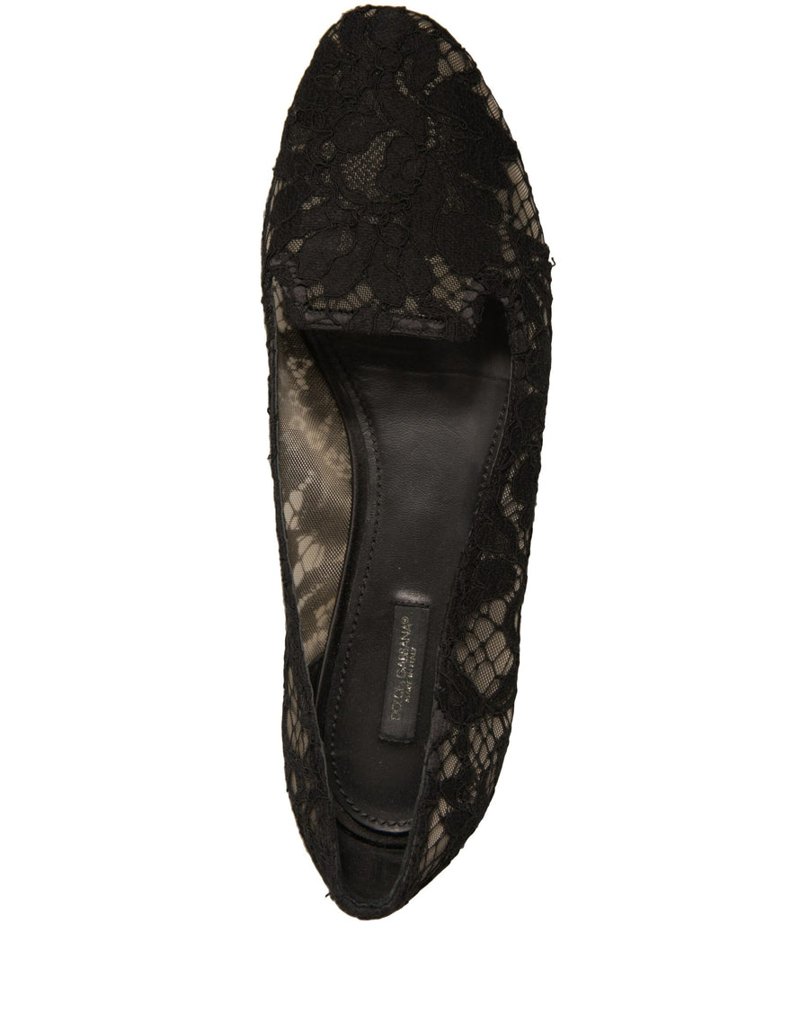 Dolce & Gabbana Black Taormina Lace Slip On Flats Shoes