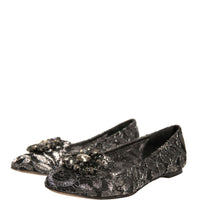 Dolce & Gabbana Silver Crystal Loafer Lace Ballet Flats Shoes