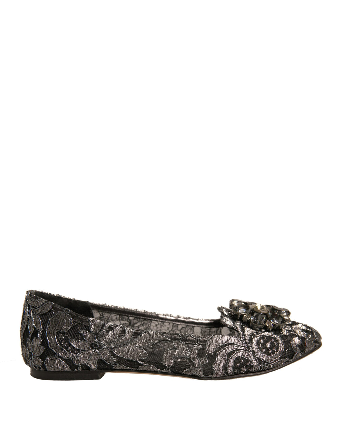 Dolce & Gabbana Silver Crystal Loafer Lace Ballet Flats Shoes