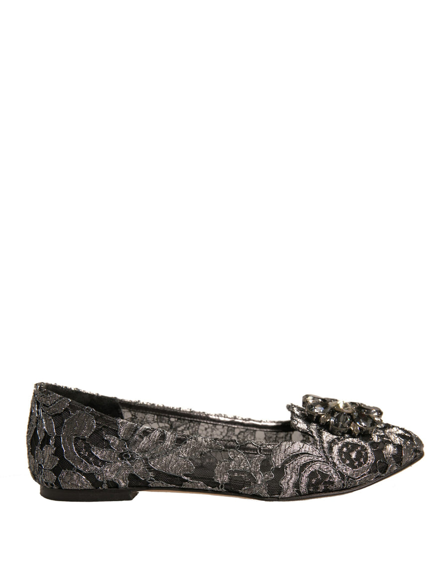 Dolce & Gabbana Silver Crystal Loafer Lace Ballet Flats Shoes