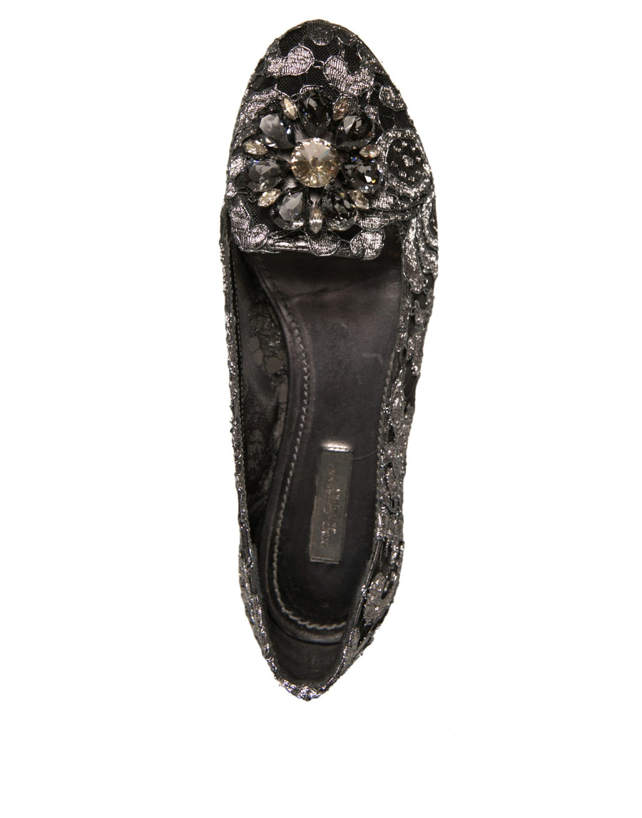 Dolce & Gabbana Silver Crystal Loafer Lace Ballet Flats Shoes