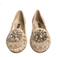 Dolce & Gabbana Beige Crystal Loafer Lace Ballet Flats Shoes