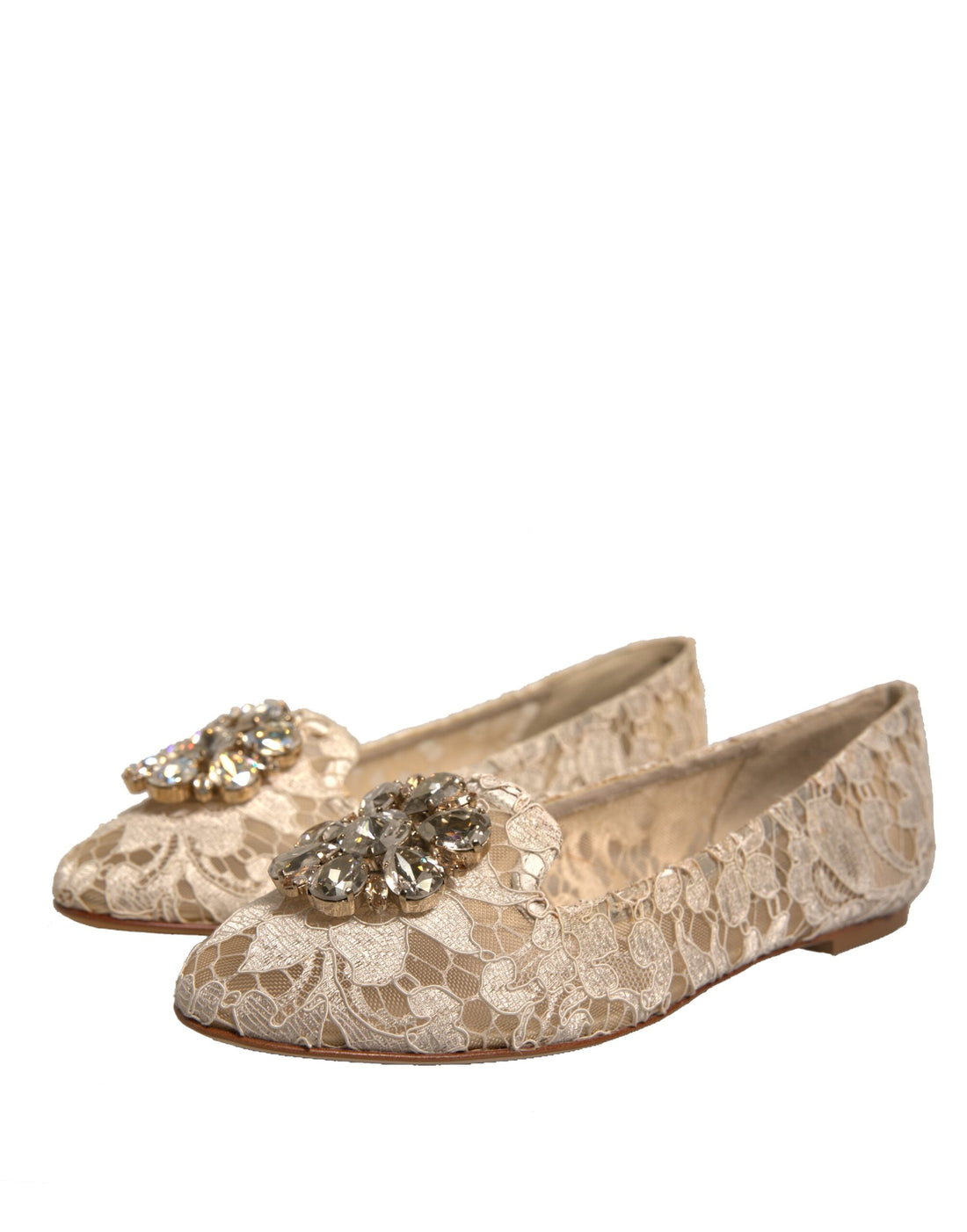 Dolce & Gabbana Beige Crystal Loafer Lace Ballet Flats Shoes