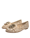 Dolce & Gabbana Beige Crystal Loafer Lace Ballet Flats Shoes