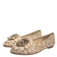 Dolce & Gabbana Beige Crystal Loafer Lace Ballet Flats Shoes