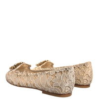 Dolce & Gabbana Beige Crystal Loafer Lace Ballet Flats Shoes