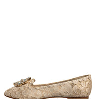 Dolce & Gabbana Beige Crystal Loafer Lace Ballet Flats Shoes