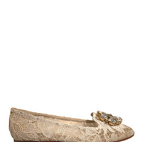 Dolce & Gabbana Beige Crystal Loafer Lace Ballet Flats Shoes