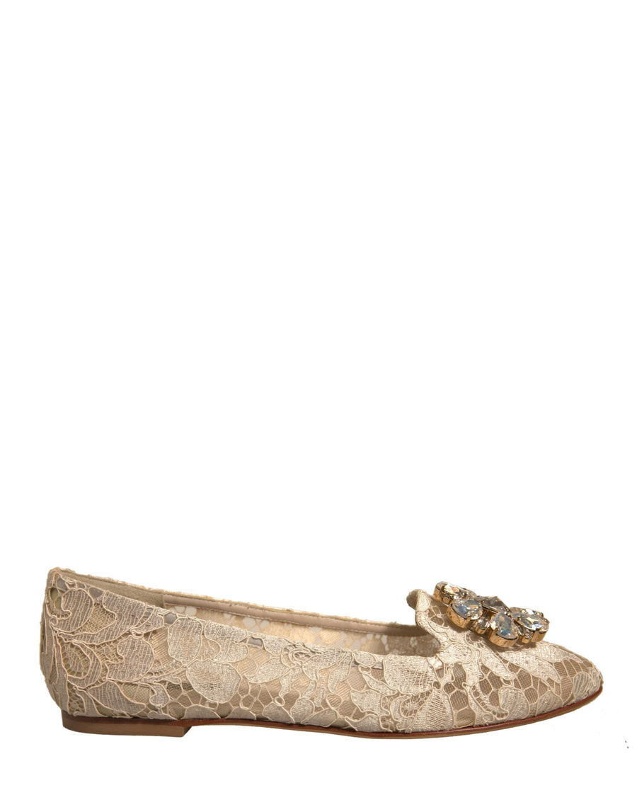 Dolce & Gabbana Beige Crystal Loafer Lace Ballet Flats Shoes