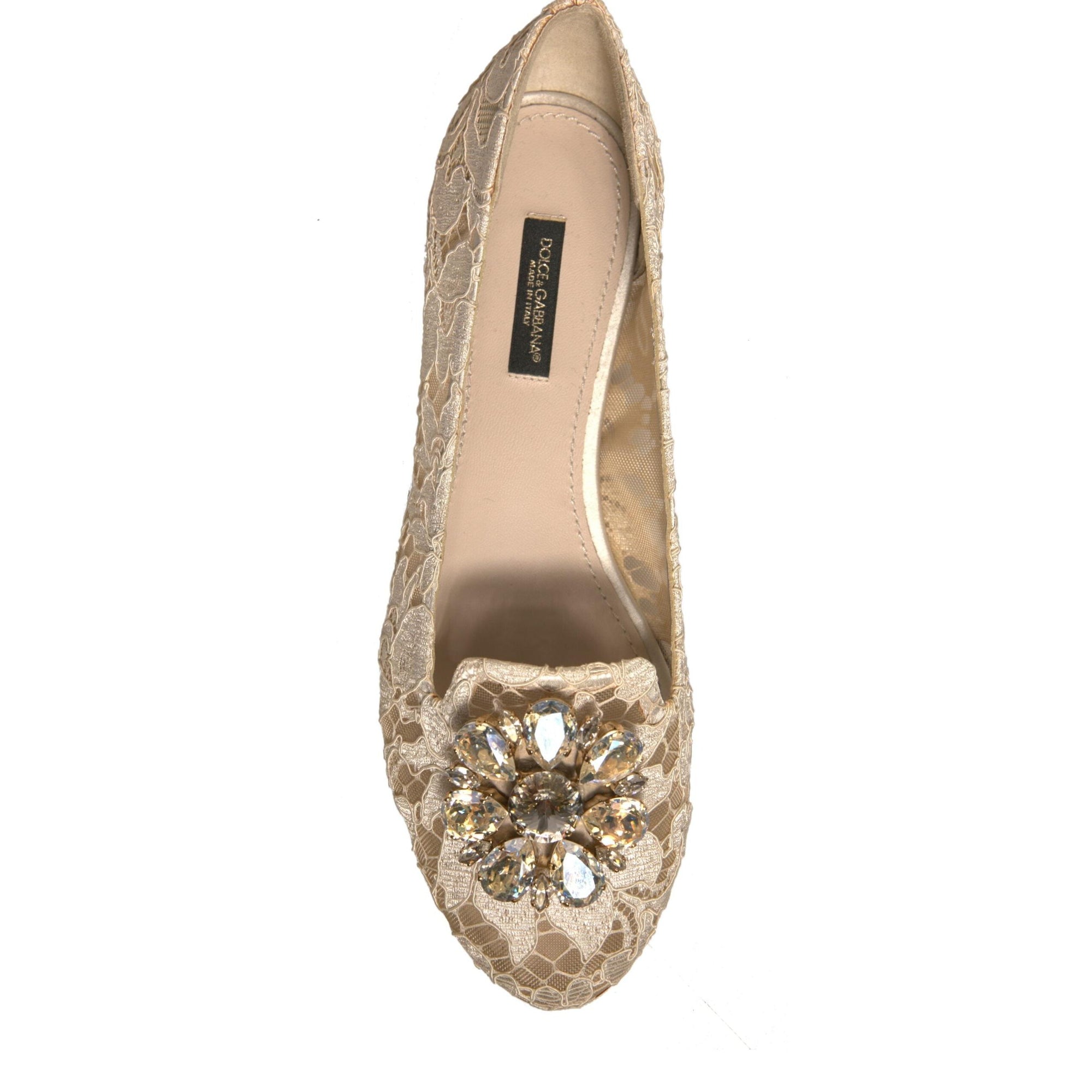 Dolce &amp; Gabbana Beige Crystal Loafer Lace Ballet Flats Shoes