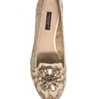 Dolce & Gabbana Beige Crystal Loafer Lace Ballet Flats Shoes