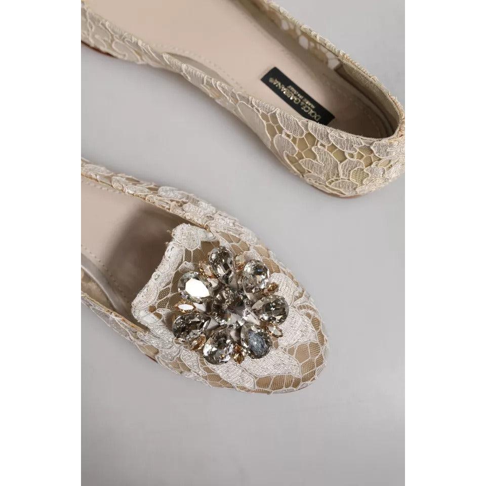 Dolce &amp; Gabbana Beige Crystal Loafer Lace Ballet Flats Shoes