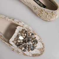 Dolce & Gabbana Beige Crystal Loafer Lace Ballet Flats Shoes