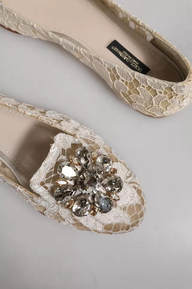 Dolce & Gabbana Beige Crystal Loafer Lace Ballet Flats Shoes