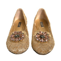 Dolce & Gabbana Gold Crystal Loafer Lace Ballet Flats Shoes