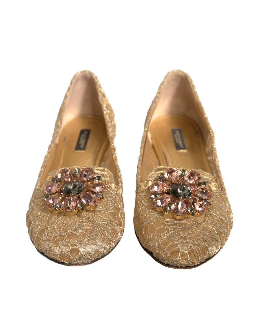 Dolce & Gabbana Gold Crystal Loafer Lace Ballet Flats Shoes