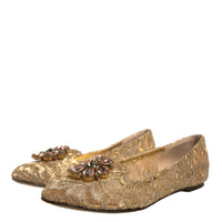 Dolce & Gabbana Gold Crystal Loafer Lace Ballet Flats Shoes