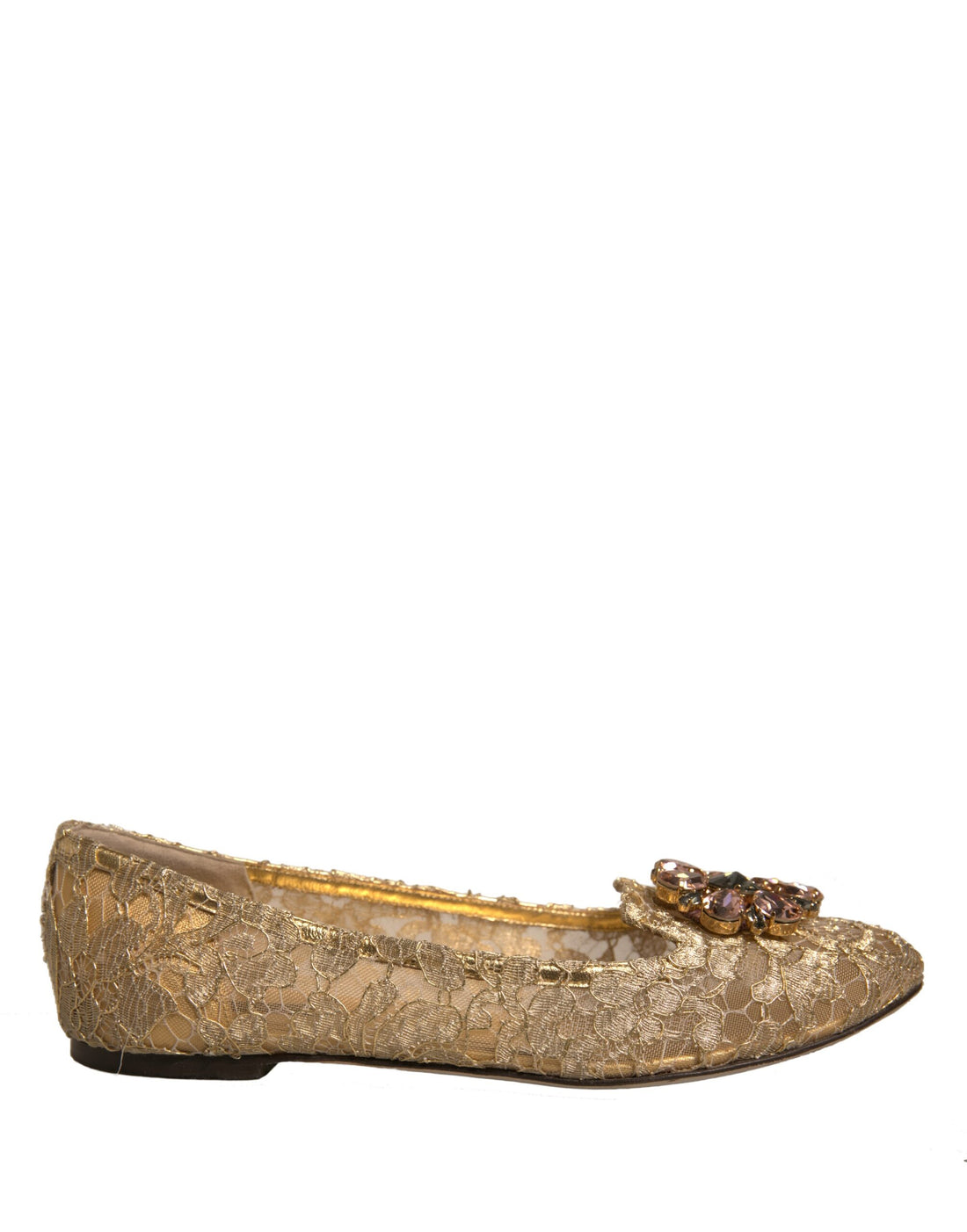 Dolce & Gabbana Gold Crystal Loafer Lace Ballet Flats Shoes