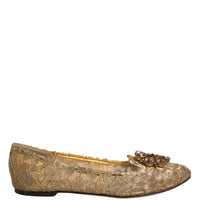 Dolce & Gabbana Gold Crystal Loafer Lace Ballet Flats Shoes