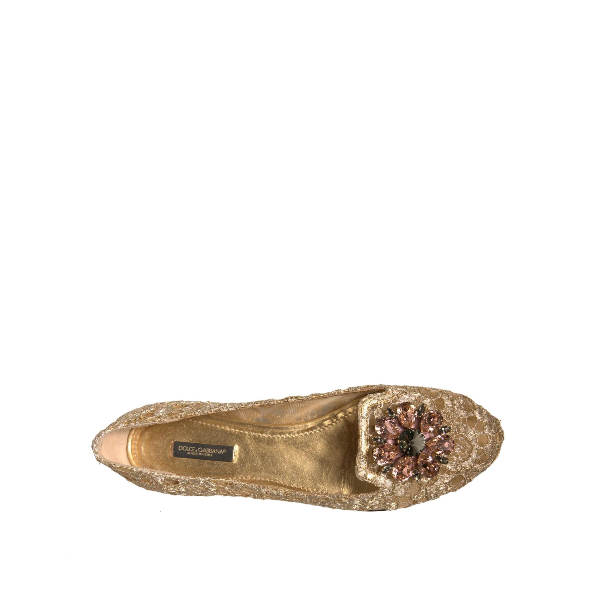 Dolce &amp; Gabbana Gold Crystal Loafer Lace Ballet Flats Shoes