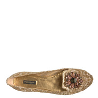 Dolce & Gabbana Gold Crystal Loafer Lace Ballet Flats Shoes