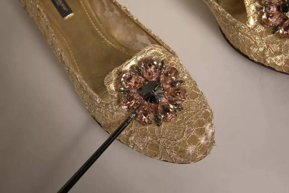 Dolce & Gabbana Gold Crystal Loafer Lace Ballet Flats Shoes