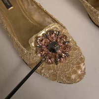 Dolce & Gabbana Gold Crystal Loafer Lace Ballet Flats Shoes