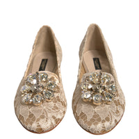 Dolce & Gabbana Beige Crystal Loafer Lace Ballet Flats Shoes