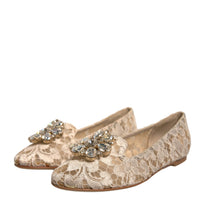 Dolce & Gabbana Beige Crystal Loafer Lace Ballet Flats Shoes