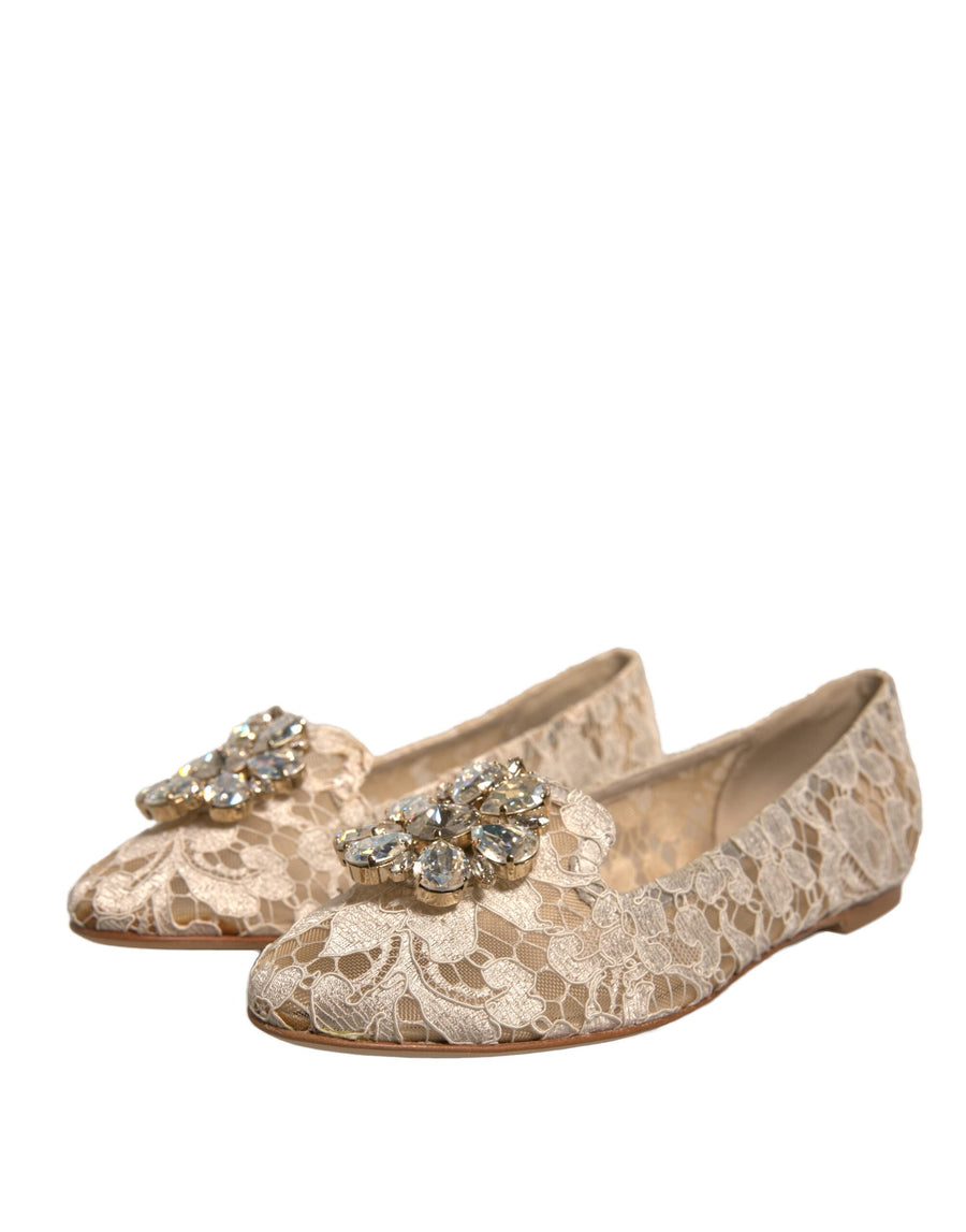 Dolce & Gabbana Beige Crystal Loafer Lace Ballet Flats Shoes