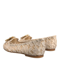 Dolce & Gabbana Beige Crystal Loafer Lace Ballet Flats Shoes