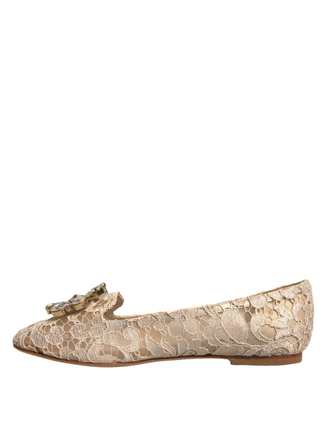 Dolce & Gabbana Beige Crystal Loafer Lace Ballet Flats Shoes