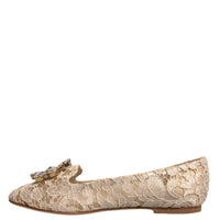 Dolce & Gabbana Beige Crystal Loafer Lace Ballet Flats Shoes