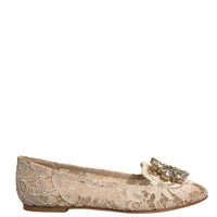 Dolce & Gabbana Beige Crystal Loafer Lace Ballet Flats Shoes