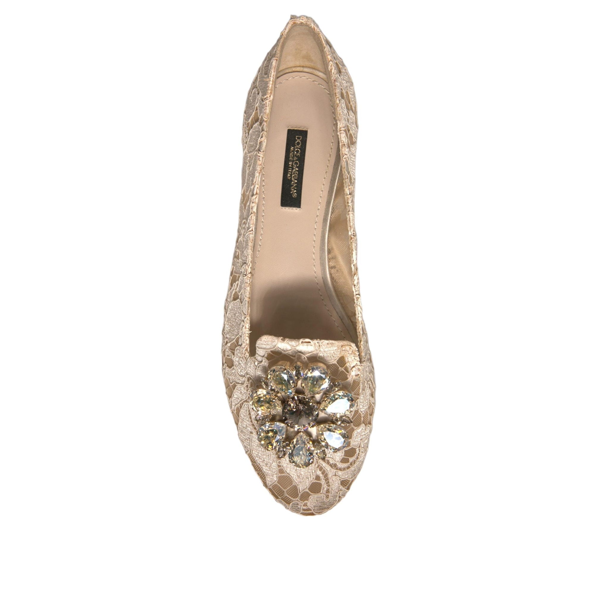 Dolce &amp; Gabbana Beige Crystal Loafer Lace Ballet Flats Shoes