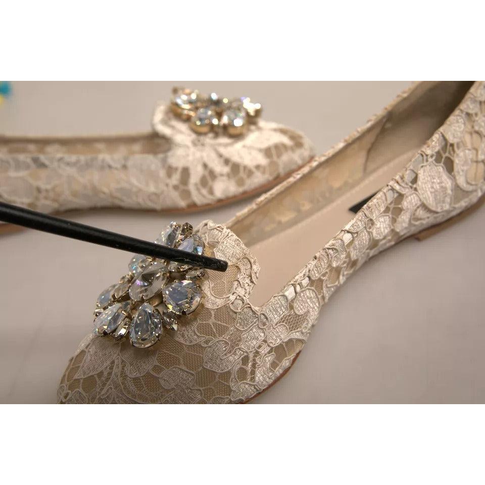 Dolce &amp; Gabbana Beige Crystal Loafer Lace Ballet Flats Shoes