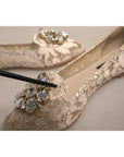 Dolce & Gabbana Beige Crystal Loafer Lace Ballet Flats Shoes
