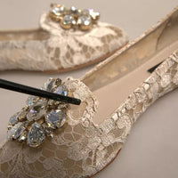 Dolce & Gabbana Beige Crystal Loafer Lace Ballet Flats Shoes