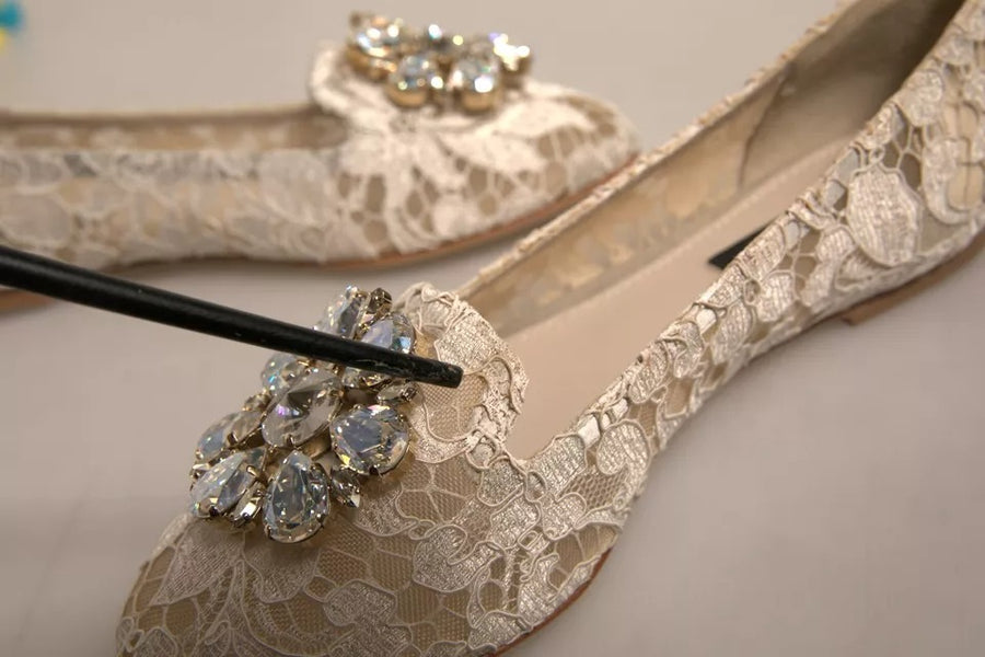 Dolce & Gabbana Beige Crystal Loafer Lace Ballet Flats Shoes