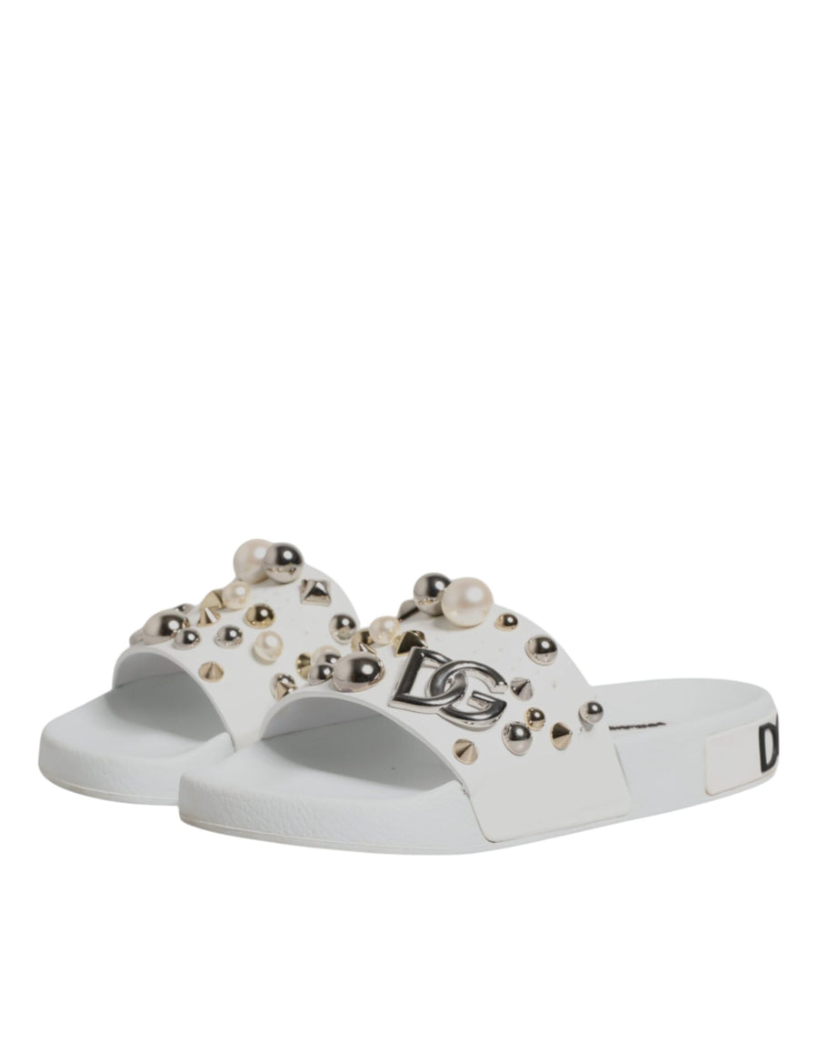 Dolce & Gabbana White Embellished Slides Sandals Shoes