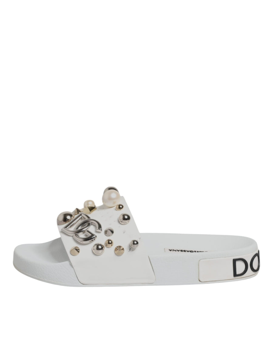 Dolce & Gabbana White Embellished Slides Sandals Shoes