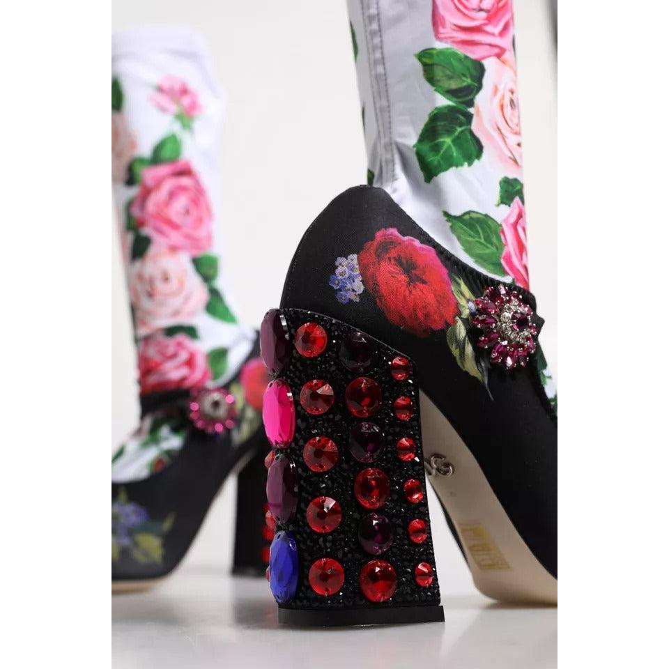 Dolce &amp; Gabbana Black Floral Socks Crystal Boots Jersey Shoes