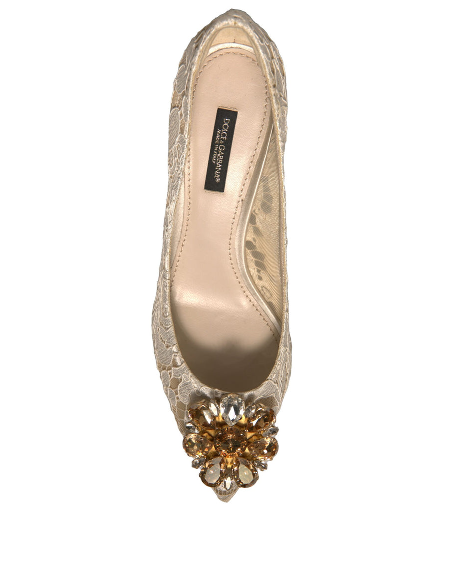 Dolce & Gabbana White Taormina Lace Crystal Heel Pumps Shoes