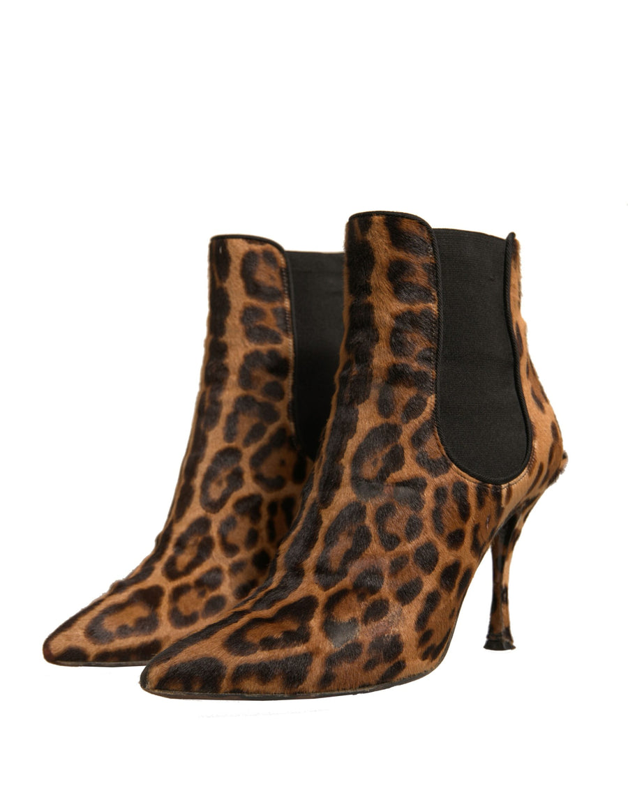 Dolce & Gabbana Brown Leopard Leather Stretch Heels Boots Shoes