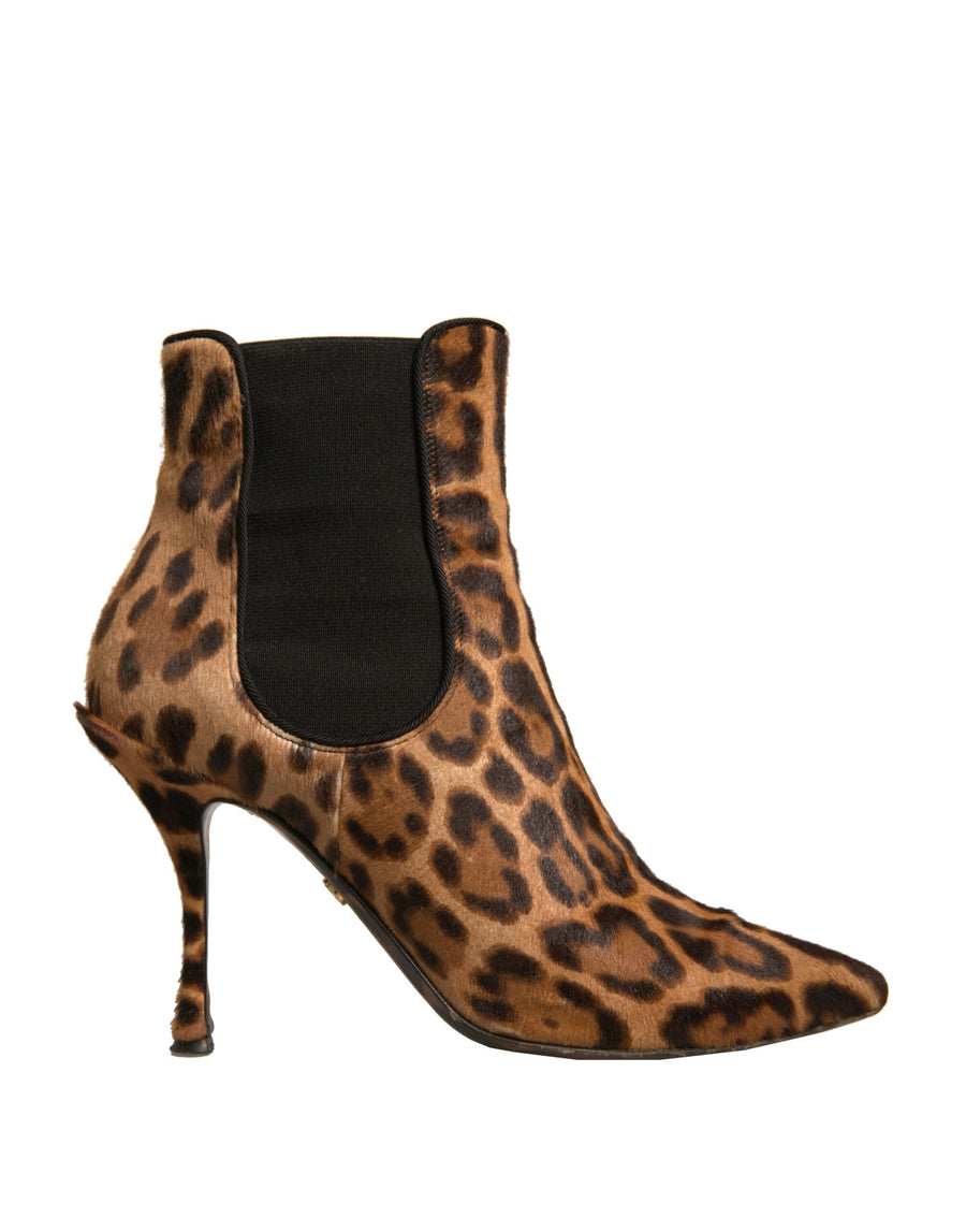 Dolce & Gabbana Brown Leopard Leather Stretch Heels Boots Shoes