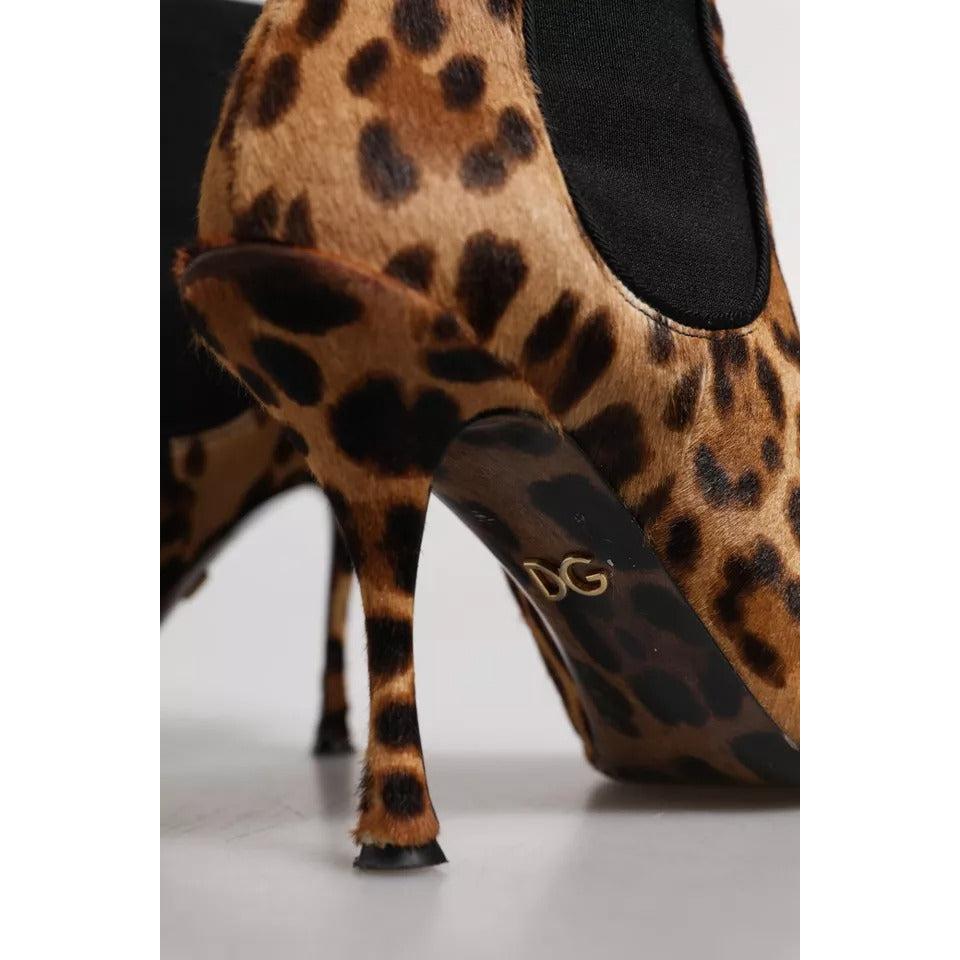 Dolce &amp; Gabbana Brown Leopard Leather Stretch Heels Boots Shoes